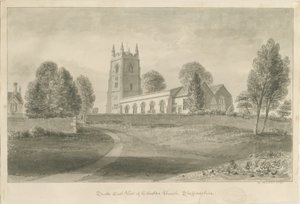 Ellastonen kirkko: seepiapiirros, 1841