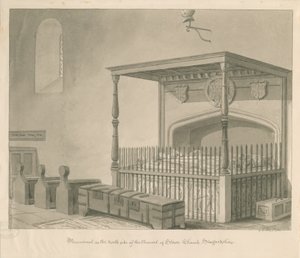 Stowen kirkko - Pöytähauta: seepiapiirros, 1841 tekijältä George Buckler