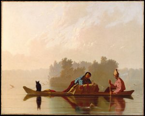 Turkiskauppiaat laskeutuvat Missourijokea tekijältä George Caleb Bingham