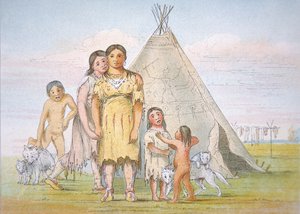 Comanche-perhe tiipiinsä ulkopuolella tekijältä George Catlin