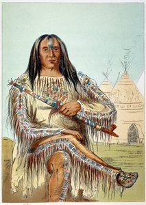 Amerikan intiaanit: Muotokuva mustajalka-heimon johtajasta (mustajalkainen) noin 50-vuotias. Kuvitus George Catlin (1794-1872)
