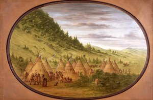 Ojibwe-kylä nahkatelttoineen tekijältä George Catlin