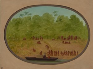 Omaguan kylä - Veneluonnos, 18541869. tekijältä George Catlin