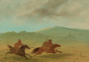 Osage-intiaani jahtaamassa Camancheeä, 18611869. tekijältä George Catlin