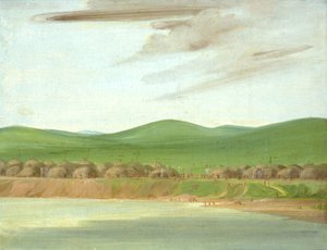 Maan peittämien majatalojen Arikara kylä, 1600 mailia St. Louisin yläpuolella, 1832. tekijältä George Catlin