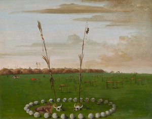 Takanäkymä Mandanin kylästä, jossa näkyy hautausmaa, 1832. tekijältä George Catlin
