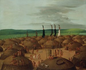 Mandan-kylä 1800 mailia St. Louisin yläpuolella lintuperspektiivistä katsottuna tekijältä George Catlin