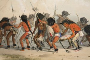 Detall de Buffalo Dance, pub. Litografia en color de 1845. finlandès tekijältä George Catlin