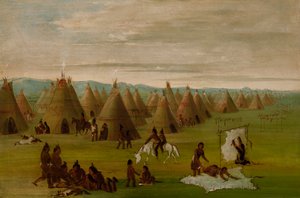 Comanche Village, Naiset pukeutuvat kylpytakkeihin ja kuivaavat lihaa, 1834-1835. tekijältä George Catlin