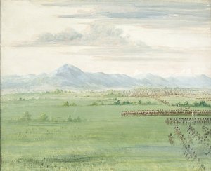 Comanche-soturit valkoisen lipun kanssa ottavat vastaan dragoonit tekijältä George Catlin