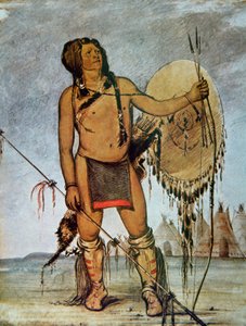 Comanche-soturi, jossa on kilpi, keihä, jousi ja nuolet, n. 1835 (väri litho) tekijältä George Catlin