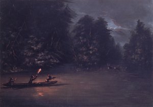 Hirvenmetsästys soihdunvalossa Bark Canoesissa, 1846-1848. tekijältä George Catlin