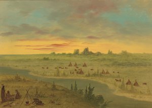 Pawnee Indians -leiri auringonlaskun aikaan, 18611869. tekijältä George Catlin