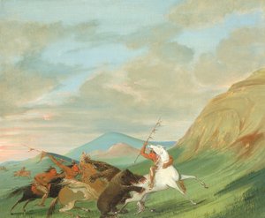 Harmaakarhut hyökkäävät intiaanien kimppuun hevosen selässä tekijältä George Catlin