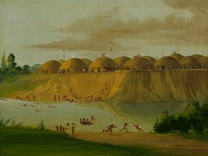 Hidatsan kylä, maan peittämät majat Knife-joen varrella, 1810 mailia St. Louisin yläpuolella, 1832. tekijältä George Catlin