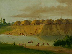 Hidatsa-kylä, maan peittämiä majoja, Knife-joen varrella, 1810 mailia St. Louisin yläpuolella. tekijältä George Catlin