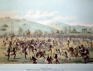Amerikan intiaani: pallopeli Red Skins -heimossa. George Catlinin (1794-1872) vedos 1800-luvun yksityinen kokoelma tekijältä George Catlin
