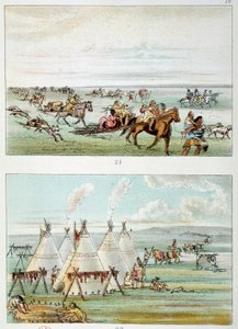 Amerikan intiaanit: myytävänä nahkojen kanssa liikkuva heimo. (Alhaalla) 500-600 tipin heimo. Kuvitus George Catlin (1794-1872) tekijältä George Catlin