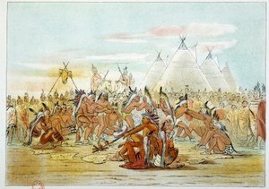 Amerikan intiaanit: Sioux-tanssia muistuttava assiniboin-heimo. Kuvitus George Catlin (1794-1872) tekijältä George Catlin