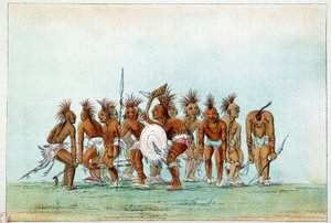 Amerikan intiaanit: Black Hawk -heimon kerjäläistanssia turisteille. Kuvitus George Catlin (1794-1872) tekijältä George Catlin