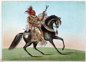 Amerikan intiaanit: Ratsastusmuotokuva Saksin ja Foxes-heimon intiaanipäälliköstä. Kuvitus George Catlin (1794-1872) tekijältä George Catlin