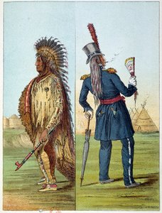 Amerikan intiaanit: Intian assiniboine-eläinlääkäri armeijassa taskussaan kaksi pulloa viskiä. Kuvitus George Catlin (1794-1872) tekijältä George Catlin