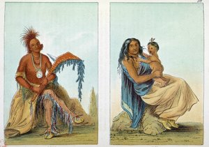 Amerikan intiaanit: Osagen johtajan muotokuva Clermontista vaimonsa ja poikansa kanssa. Kuvitus George Catlin (1794-1872) tekijältä George Catlin
