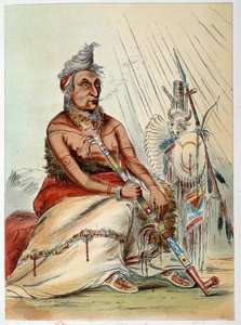 Amerikan intiaanit: Muotokuva vanhasta intialaisesta kokista, joka polttaa piippuaan nimeltä The Black Mocassin. Kuvitus George Catlin (1794-1872) tekijältä George Catlin