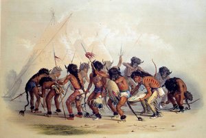 Amerikan intiaanit tanssivat puhvelitanssia. George Catlinin litografia tekijältä George Catlin