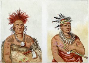 Amerikan intiaanit: Great Pawnees (tai Paneassa, Pari, Pariki) hevospäällikköheimo (nro 138) toinen päällikkö plus ikä (nro 139) - Toisella on karhun kynsistä tehty kaulakoru - George Catlinin kuvitus ( 1794-1872) tekijältä George Catlin
