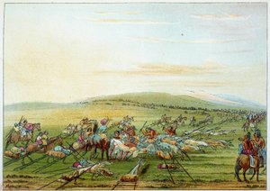 Amerikan intiaanit: intiaanien heimo, jolla on hevosia ja koiria. Kuvitus George Catlin (1794-1872) tekijältä George Catlin