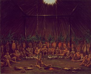 Sisäkuva Medicine Lodge, Mandan O-kee-pa seremoniaa varten tekijältä George Catlin