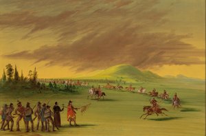 La Salle tapaa Cenis-intiaanien sotapuolueen Texasin preerialla. 25. huhtikuuta 1686, 18471848. tekijältä George Catlin