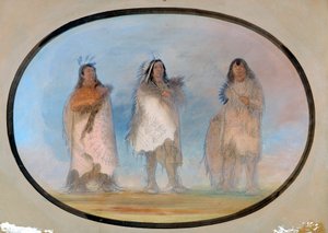 Pikku karhu, jyrkkä tuuli, koira, kolme sioux-heimon arvostettua soturia, n. 1865-1871. tekijältä George Catlin