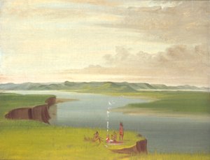 Preerian rantatörmät auringonnousun aikaan Yellowstone-joen suun lähellä. tekijältä George Catlin
