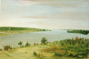 Sault Ste. Marie, esittää Yhdysvaltain varuskuntaa kaukaa, 1836-1837. tekijältä George Catlin