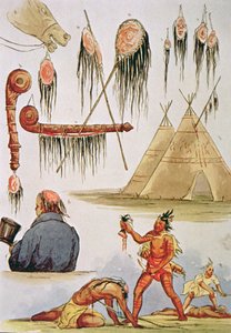 Hiuspohjan scalping ja koristeellinen käyttö (akvarelli paperille) tekijältä George Catlin