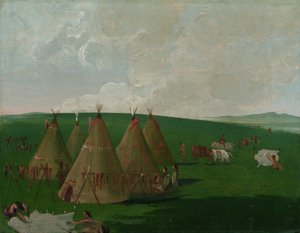 Missourin yläjuoksulla leiriytyneet siouxit, puhvelinlihaa ja kaapuja pukemassa tekijältä George Catlin