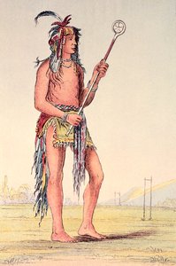 Sioux-palloilija Ah-No-Je-Nange, "Se, joka seisoo molemmilla puolilla" (käsinvärinen lito) tekijältä George Catlin
