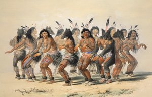 The Bear Dance -yksityiskohta, pubi. 1845 värilitografia. tekijältä George Catlin