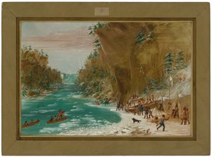 Retkikunta leiriytyneenä Niagaran putousten alapuolelle. 20. tammikuuta 1679 tekijältä George Catlin