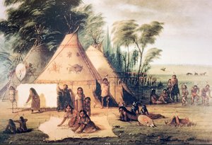 Pohjois-Amerikan Sioux-heimon kylä (värilitho)