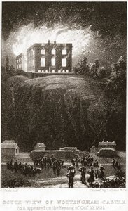 Nottinghamin linna palamassa etelästä katsottuna, 1831 tekijältä George Childs