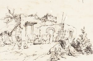 Kyläkohtaus Intiassa [verso] tekijältä George Chinnery