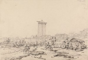 Rannikkokohtaus kalastajien ja rakennusten kanssa, Macao tekijältä George Chinnery