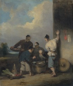 Miehet ruokakaupan kioskissa tekijältä George Chinnery