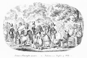 Kohtaus Kensington Gardensissa tai Vuoden 1829 muoti ja pelot (kaiverrus) tekijältä George Cruikshank