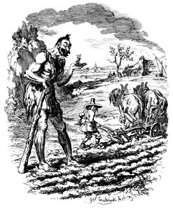 Jättiläinen seisoo pellolla, kun maanviljelijä kyntää, 1800-luku. tekijältä George Cruikshank