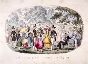 "Kokeus Kensington Gardensissa - tai - muoti ja pelot vuodelta 1829" tekijältä George Cruikshank