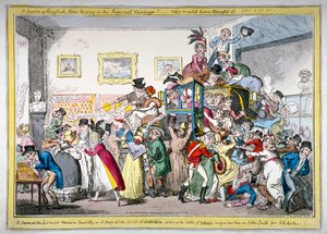 "Englannin mehiläisparvi pesäilee keisarillisissa vaunuissa!! kohtaus Lontoon museossa, 1816 tekijältä George Cruikshank